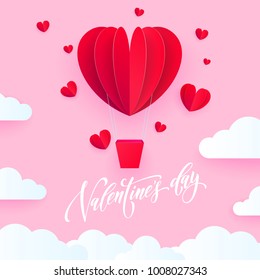 Valentine heart air ballon for Valentine's day holiday card. Hot red air baloon paper art greeting card with white cloud pattern on pink background. Vector Happy Valentines Day text lettering design