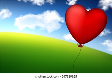 Valentine heart balloon in a blue sky background with clouds. Vector illustration. 
