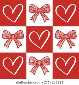 Corazón de San Valentín y patrón de icono de arco en la rejilla cuadrada roja aislada sobre fondo blanco