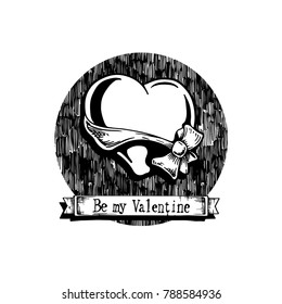 Valentine heart with bow-knot in ink hand drawn style. isolated on white. 