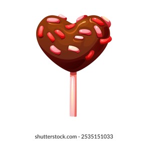 Valentine heart candy lollipop for sweets and confectionery, vector holiday dessert icon. Cartoon Valentine candy in heart shape with chocolate glazing and pink red caramel sprinkles for love gift