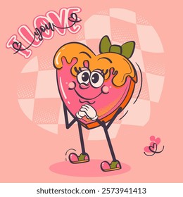 Valentine heart cartoon character vector illustration. Valentine mascot covered in caramel on pink background. Groovy, rubber hose vintage style.