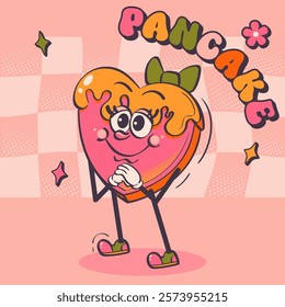 Valentine heart cartoon character vector illustration. Valentine mascot covered in caramel on pink background. Groovy, rubber hose vintage style.