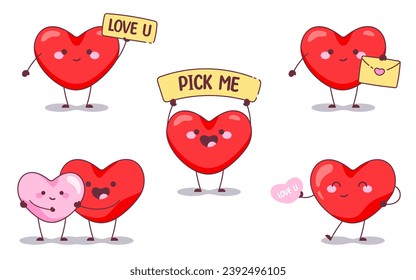 Valentine Heart Characters Collection. Flat Vector Illustration Set of Cute Love Heart Mascots with Romantic Messages and Affectionate Poses.