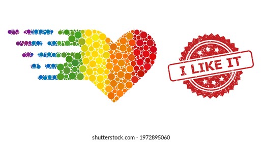 Valentine heart collage icon of spheric blots in variable sizes and LGBT bright color hues, and I Like It dirty rosette stamp seal. A dotted LGBT-colored Valentine heart for lesbians, gays,