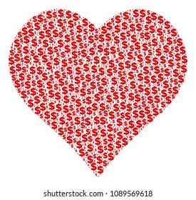 Valentine heart composition of dollars and sphere points. Vector dollar currency signs are composed into valentine heart collage.