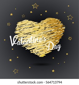 Valentine heart created from golden lines and white Valentine's Day text with many stars - dark version.