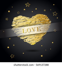 Valentine heart created from golden lines with Love and many golden stars - dark version.