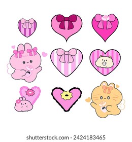 Valentine heart cute pink bunny and cat love sticker set. Heart cute ribbon bow cartoon character. Happy valentine's day
