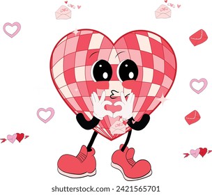 Valentine Heart Disco Ball Character with heart hand. Vector illustration