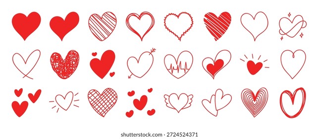 Valentine coração doodle elementos vetor ilustração com desenhado à mão ícones de coração vermelho e símbolos de amor no fundo branco. Design romântico bonito para cartões, convites, cartazes, adesivos,.