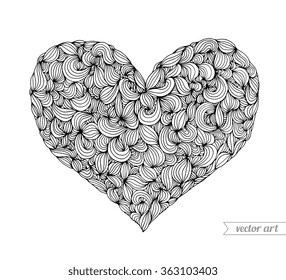 Valentine heart, doodle pattern. Vector. Hand drawn artwork. Love bohemia concept for wedding invitation, card, ticket, branding, boutique logo label. Gift for young girl and women. Black and white