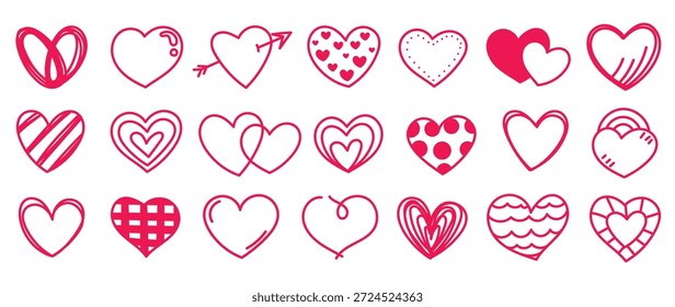 Ilustración vectorial del sistema del doodle del corazón de San Valentín con los iconos rosados dibujados a mano del corazón y los símbolos lindos del amor en el fondo blanco. Lindo diseño romántico para tarjetas de felicitación, invitaciones, pegatinas,.