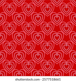 Valentine heart dots lines on red background. Vector seamless patten. Design for decoration, wrapping paper, wallpaper, background and St. Valentine's Day decoration.