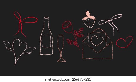 Valentine heart element. Chalk line love symbol vector illustration. Crayon brush paint rose, glass and romance message in envelope. Wine and cocktail doodle artwork with pen stroke for wedding