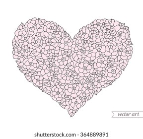 Valentine heart, floral ornament. Vector. Hand drawn artwork. Love bohemia concept for wedding invitation card, ticket, branding, boutique logo label. Gift for young girl and women. Black, white, pink