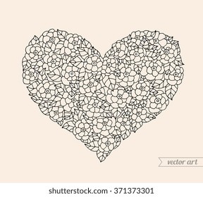 Valentine heart, floral ornament. Vector. Hand drawn artwork. Love bohemia concept for wedding invitation card, ticket, branding, boutique logo label. Gift for young girl and women. Black, beige color