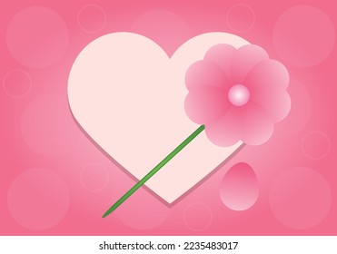 Valentine heart flower card greeting illustration pink background.