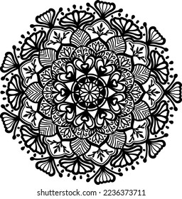 Valentine Heart and Flower Mandala Vector Illustration. Hand Drawn Vintage round lace ornament for coloring book, wedding card, invitation and decoration. 