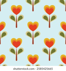 Valentine heart flower pattern seamless, silhouette of hibiscus flowers, hand drawn botanical