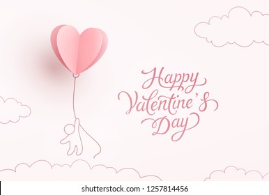 Valentine heart flying balloon with man on pink background. Vector love postcard for Happy Valentine's Day greeting card design.