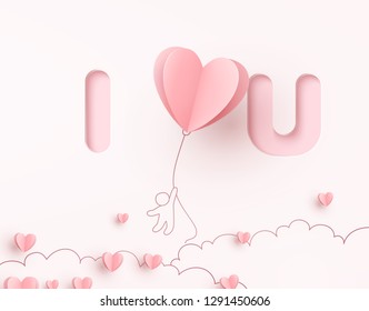 Valentine heart flying balloon with man on pink background. Vector love postcard for Happy Mother's, Valentine's Day or birthday greeting card design.