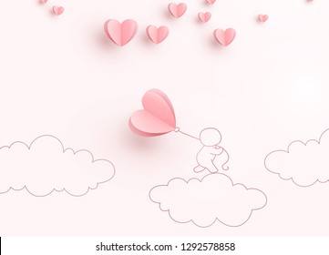 Valentine heart flying balloon with man on pink background. Vector love postcard for Happy Mother's, Valentine's Day or birthday greeting card design.