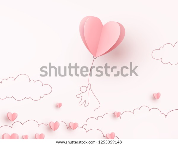 Valentine heart flying balloon with man on\
pink background. Vector love postcard for Happy Mother\'s,\
Valentine\'s Day or birthday greeting card\
design.