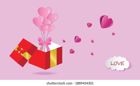 Valentine Heart Flying Balloon On Pink Background. Vector Love Postcard For , Valentine's Day Or Birthday Greeting Card Design.