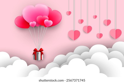 Valentine heart flying balloons on background. Vector love postcard for Happy Mother's Day, Valentine's Day or birthday greeting card design.