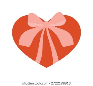 Ilustración vectorial de caja de regalo de corazón de San Valentín con lazo de cinta y forma de corazón rojo. Lindo diseño dibujado a mano para el embalaje, tarjetas de felicitación y pegatinas.