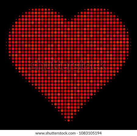 Valentine heart halftone vector icon. Illustration style is pixelated iconic valentine heart symbol on a black background. Halftone structure is build from circle spots.