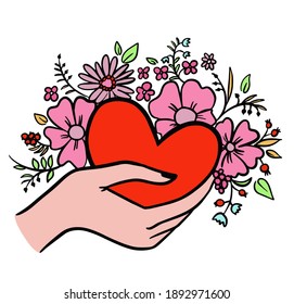 Valentine with heart in hand with flowers. Vector illustration. Wallpaper, flyers, invitation, posters, brochure, banners.