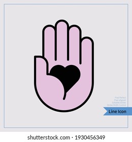 Valentine Heart Hand, Hand giving heart, love symbol on palm icon. Thin line icon. professional, pixel-aligned, Pixel Perfect, Editable Stroke, Easy Scalablility. 8x, 256px.