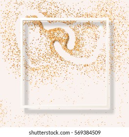 Valentine heart. Happy valentines day. Golden frame for text. Gold texture background. Vector shimmer glitter. Glamour concept for greeting card, branding, voucher. Glittering effect. Yellow, white