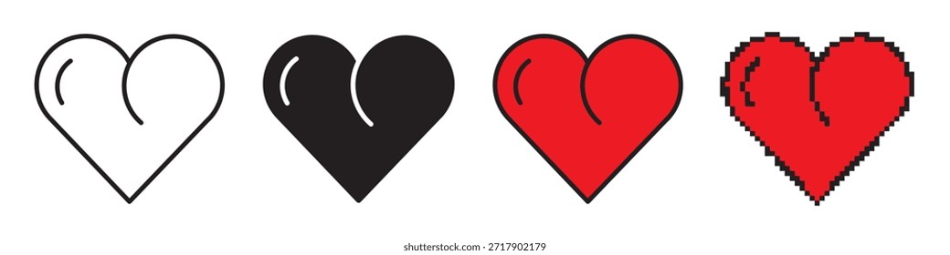Conjunto de iconos de corazón de San Valentín con línea editable, corazones llenos de color, sólidos y de píxeles. Símbolos de amor versátiles para tarjetas, App, logotipos, papelería de boda y diseños de temporada románticos.
