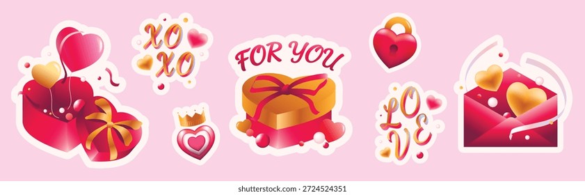 Valentine ícone do coração definir ilustração vetorial com corações desenhados à mão e símbolos de amor em rosa e vermelho no fundo rosa claro. Design romântico bonito para cartões, convites, adesivos,.