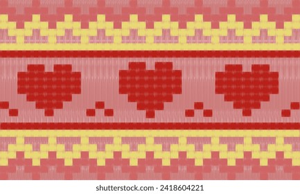 valentine heart Ikat embroidery on pink background.geometric ethnic oriental pattern traditional.Aztec-style abstract vector. design for texture, fabric, clothing, wrapping, decoration, rugs, carpet