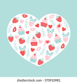 Valentine heart with kisses, cupcakes, branches, strawberries, dreams and hearts. Perfect for Valentine greeting card and wedding invitation. Vector illustration