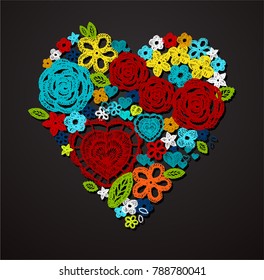Valentine heart. Knitted flowers, embroidery lace. Crochet items with ethnic ornament, made with love.
