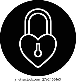 Valentine heart lock vector symbol. White line art style isolated on black circle background. Perfect for app button or UI element.