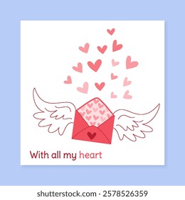 Valentine heart love postcard in doodle style. Envelope greeting with romantic valentine message. Ideal for social media posts, flat design captures essence of love and connection, perfect for