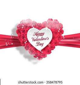 Valentine heart made of roses with pink ribbon, vector greeting card