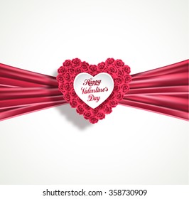 Valentine heart made of roses with pink ribbon, vector greeting card