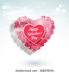 Valentine heart made of roses, vector greeting card