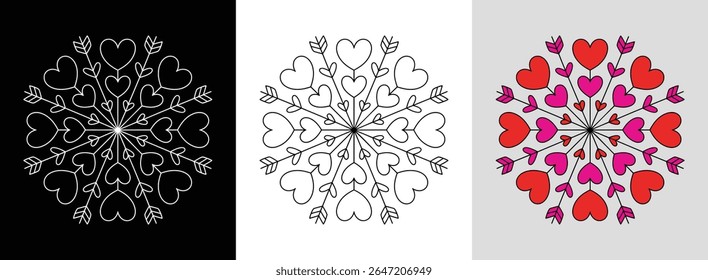Valentine heart mandala with romantic motifs and vibrant pink accents for loving decor.