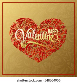 Valentine heart on golden background. Vector card. Hand drawn artwork. Valentine's day hand drawing background. Greeting card with doodle heart.