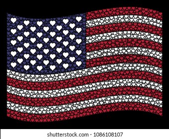 Valentine heart pictograms are arranged into waving USA flag abstraction on a dark background. Vector collage of American state flag is done from valentine heart elements.