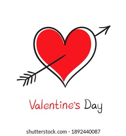 Valentine heart pierced by an arrow with lettering message isolated on white background. Love Cupid sign concept. Romantic holiday symbol