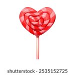 Valentine heart pink candy lollypop, sweets and confectionery. Isolated cartoon vector romantic dessert treat, Valentines sugary food, shiny lollipop on a stick, with glossy surface and swirl stripes